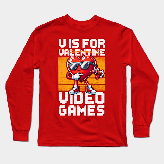 V Is For Video Games Funny Gamer Boys Valentines Day Kids Long Sleeve T-Shirt by Rebrand